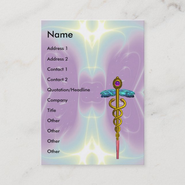 GULD CADUCEUS,DOKTOR;MEDICINSK TJÄNST,Lila Teal Visitkort (Framsida)
