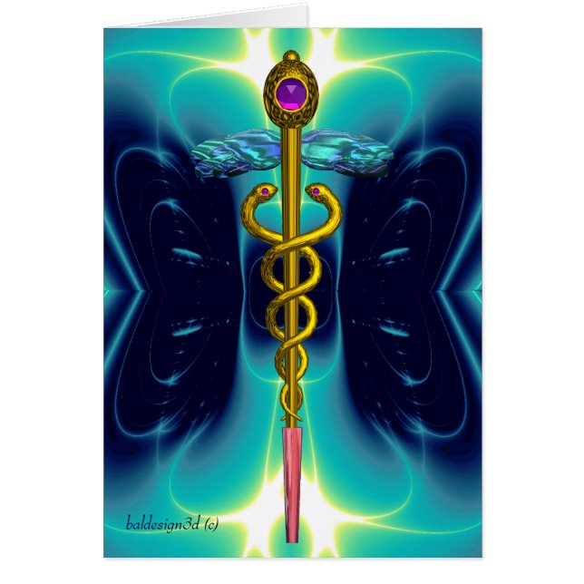 GULD CADUCEUS MEDICAL SYMBOL Aqua Blue Light Vinka Hälsningskort (Framsidan)