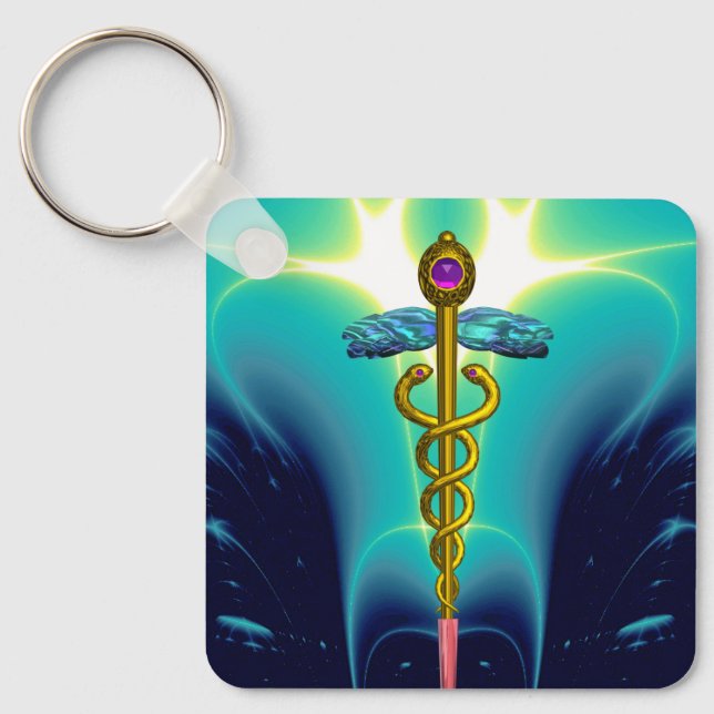 GULD CADUCEUS MEDICAL SYMBOL Aqua Blue Turcos Nyckelring (Framsida)