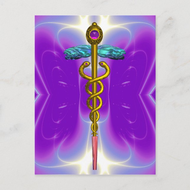 GULD CADUCEUS MEDICAL SYMBOL BLUE LILA FRACTALS VYKORT (Framsida)