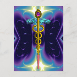 GULD CADUCEUS MEDICAL SYMBOL BLUE LILA FRACTALS VYKORT