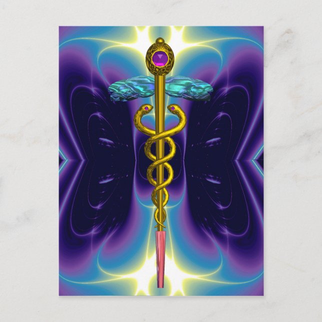 GULD CADUCEUS MEDICAL SYMBOL BLUE LILA FRACTALS VYKORT (Framsida)