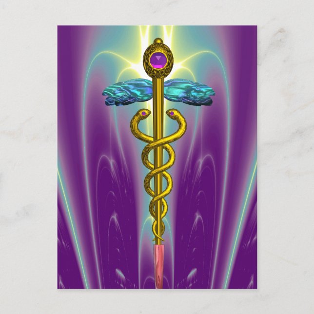 GULD CADUCEUS MEDICAL SYMBOL LILA FRACTAL VÅGAR VYKORT (Framsida)