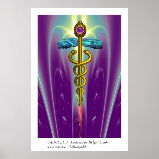 GULD CADUCEUS Medical Symbol Lila Grönt Vågar Poster (Framsidan)