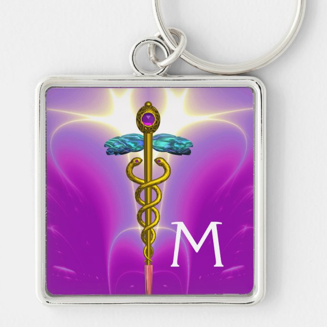 GULD CADUCEUS MEDICAL SYMBOL MONOGRAM,Rosa Fuchsia Fyrkantig Silverfärgad Nyckelring (Framsidan)