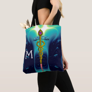 GULD CADUCEUS MEDICAL SYMBOL MONOGRAM, Teal Blue Tygkasse