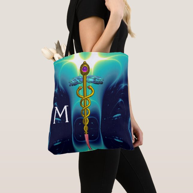 GULD CADUCEUS MEDICAL SYMBOL MONOGRAM, Teal Blue Tygkasse (Närbild)