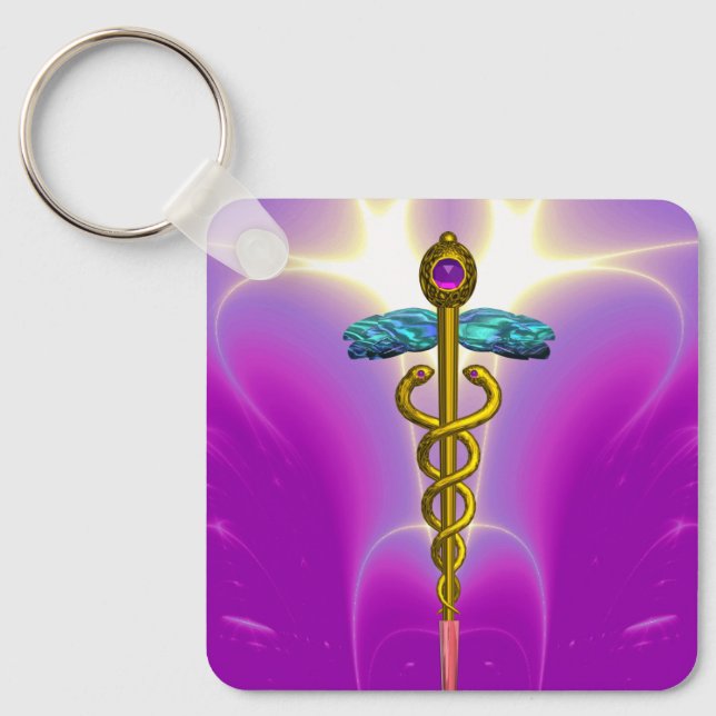 GULD CADUCEUS MEDICAL SYMBOL,Rosa Fuchsia Nyckelring (Framsida)