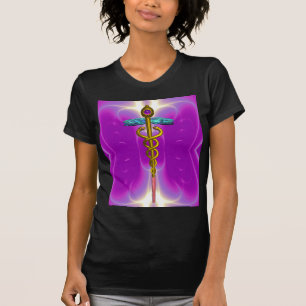 GULD CADUCEUS MEDICAL SYMBOL, Rosa Fuchsia T Shirt
