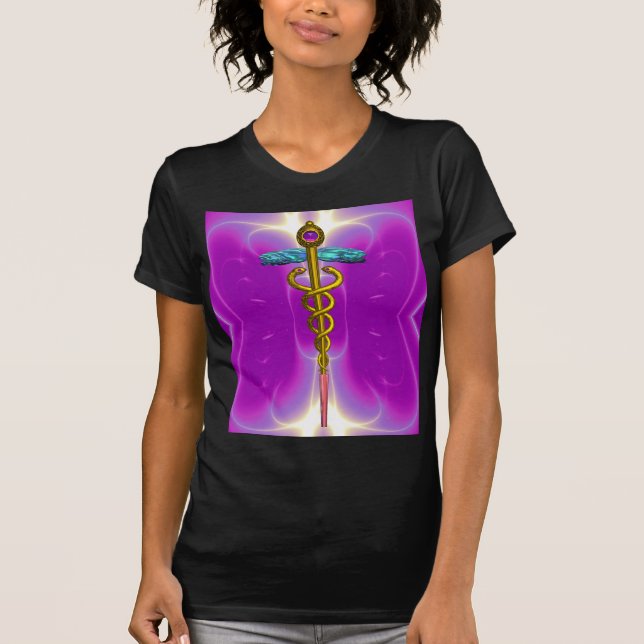 GULD CADUCEUS MEDICAL SYMBOL, Rosa Fuchsia T Shirt (Framsida)