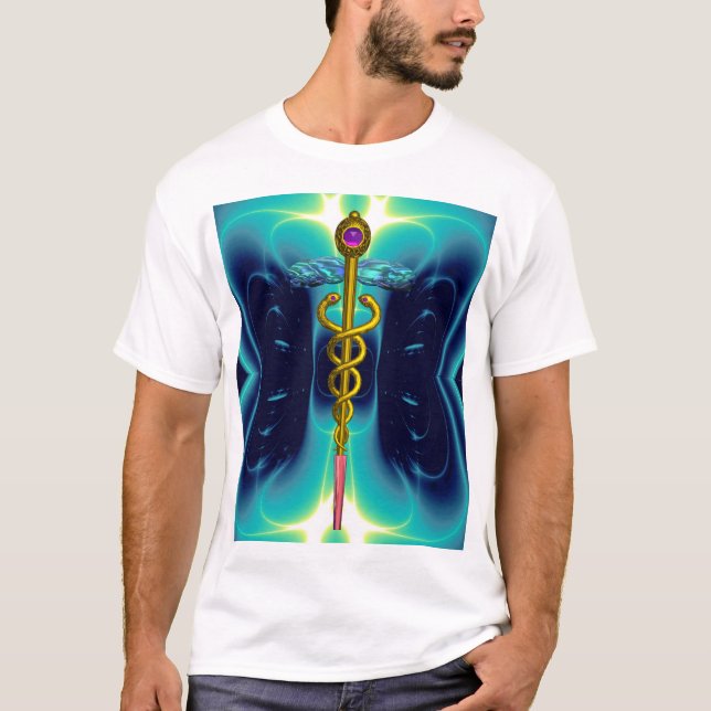 GULD CADUCEUS MEDICAL SYMBOL, Teal Turcos Blue Tee Shirt (Framsida)