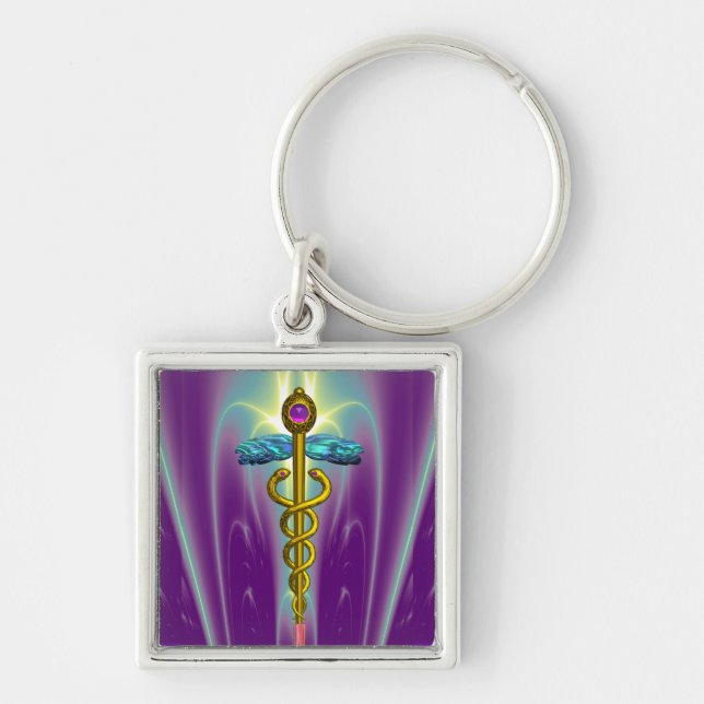 GULD CADUCEUS MEDICAL SYMBOL Violet Lila Grönt Fyrkantig Silverfärgad Nyckelring (Framsidan)