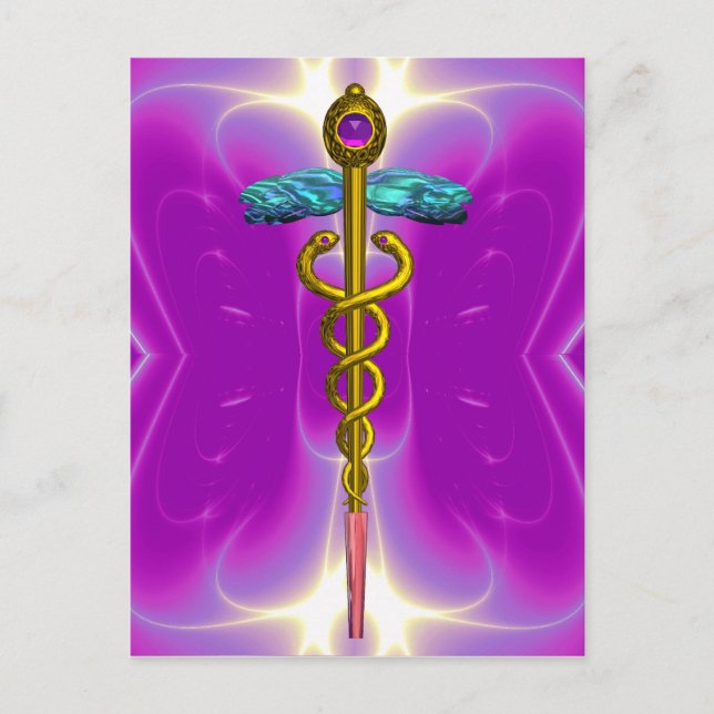 GULD CADUCEUS MEDICAL SYMBOL VIOLET ROSA FRACTALS VYKORT (Framsida)