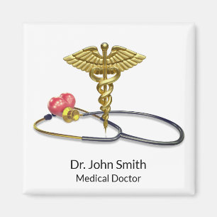 Guld Caduceus Medicin & Stetoskop med Hjarta Magnet