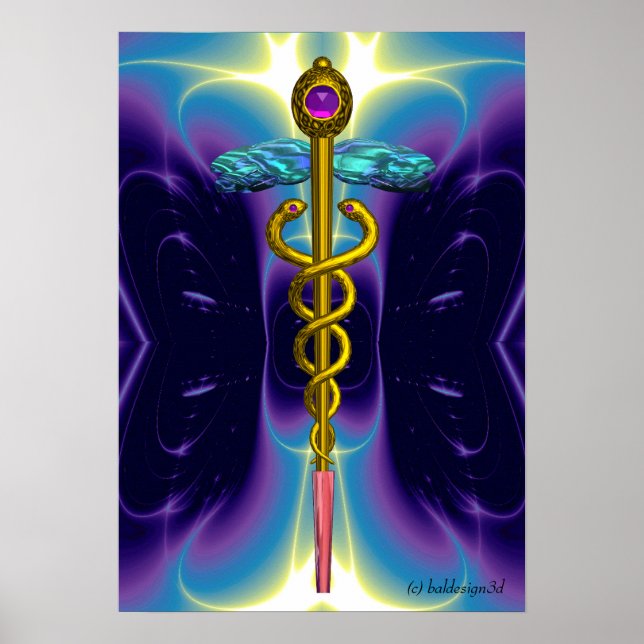 GULD CADUCEUS Medicinsk Symbol Lila Blå Vågor Poster (Framsidan)