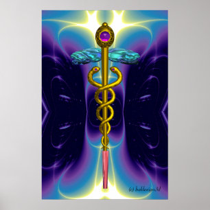 GULD CADUCEUS Medicinsk Symbol Lila Blå Vågor Poster
