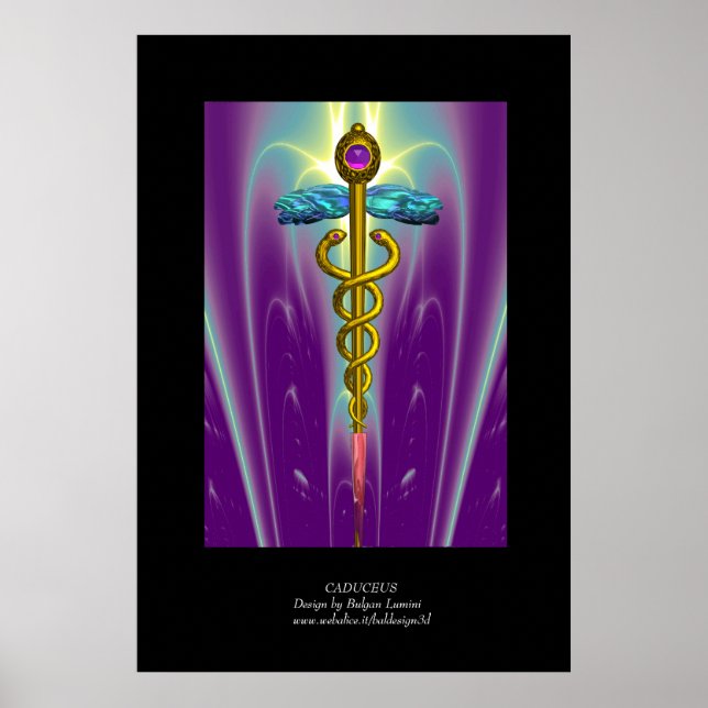 GULD CADUCEUS Medicinsk Symbol Lila Grön Svart Poster (Framsidan)