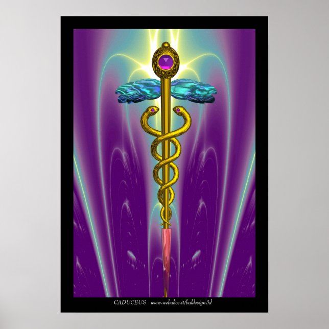 GULD CADUCEUS Medicinsk Symbol Lila Gröna Vågor Poster (Framsidan)
