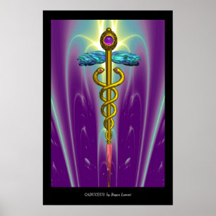 GULD CADUCEUS Medicinsk Symbol Lila Gröna Vågor Poster