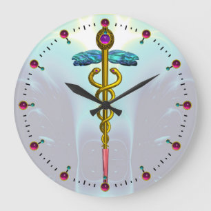 GULD CADUCEUS Medicinsk Symbol Ljus Teal Aqua Blå Stor Klocka