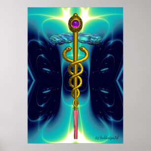 GULD CADUCEUS Medicinsk Symbol Teal Aqua Blå Vågor Poster