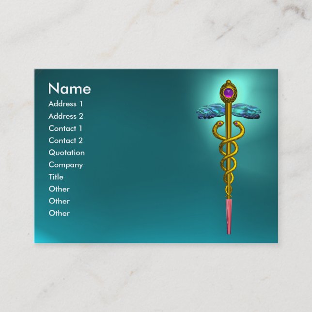 GULD CADUCEUS,MEDICINSK SYMBOL,TEAL BLUE AQUAMARIN VISITKORT (Framsida)