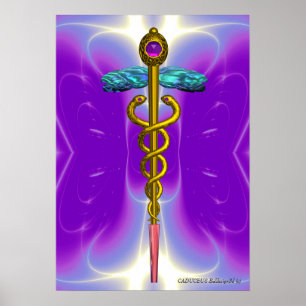 GULD CADUCEUS Medicinsk Symbol Ultra Violett Lila Poster