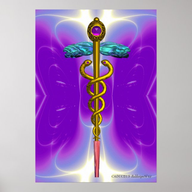 GULD CADUCEUS Medicinsk Symbol Ultra Violett Lila Poster (Framsidan)
