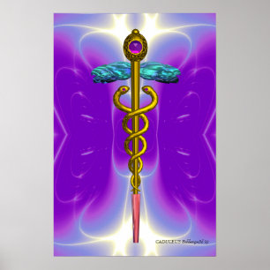 GULD CADUCEUS Medicinsk Symbol Ultra Violett Lila Poster