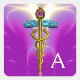 GULD CADUCEUS MONOGRAM, Lila Rosa Fyrkantigt Klistermärke