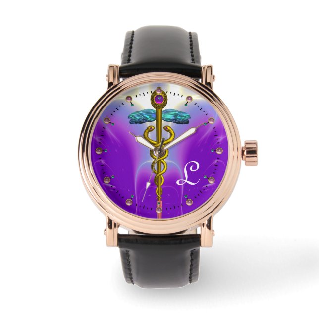 GULD CADUCEUS MONOGRAM, Lila Teal Armbandsur (Framsida)