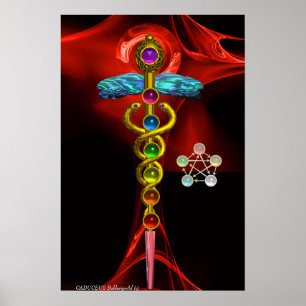 GULD CADUCEUS OCH 7 CHAKRAN I RÖD FRAKTAL ROS POSTER