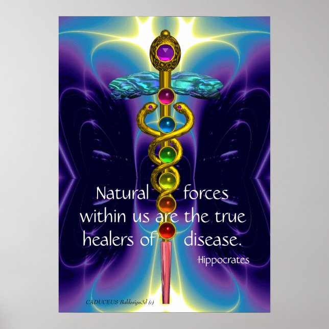 GULD CADUCEUS OCH 7 CHAKRAS I BLUE LILA VINKARARE POSTER (Framsidan)