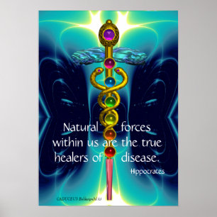 GULD CADUCEUS OCH 7 CHAKRAS I TEAL BLUE VÅGAR POSTER
