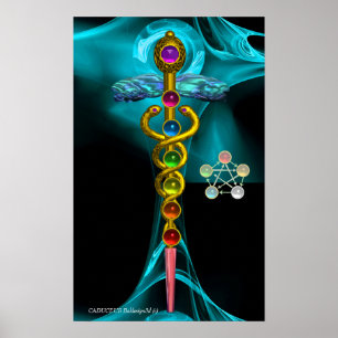 GULD CADUCEUS OCH 7 CHAKRAS IN BLUE FRACTAL RO POSTER