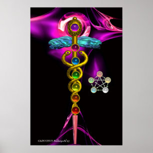 GULD CADUCEUS OCH 7 CHAKRAS IN ROSA FRACTAL RO POSTER