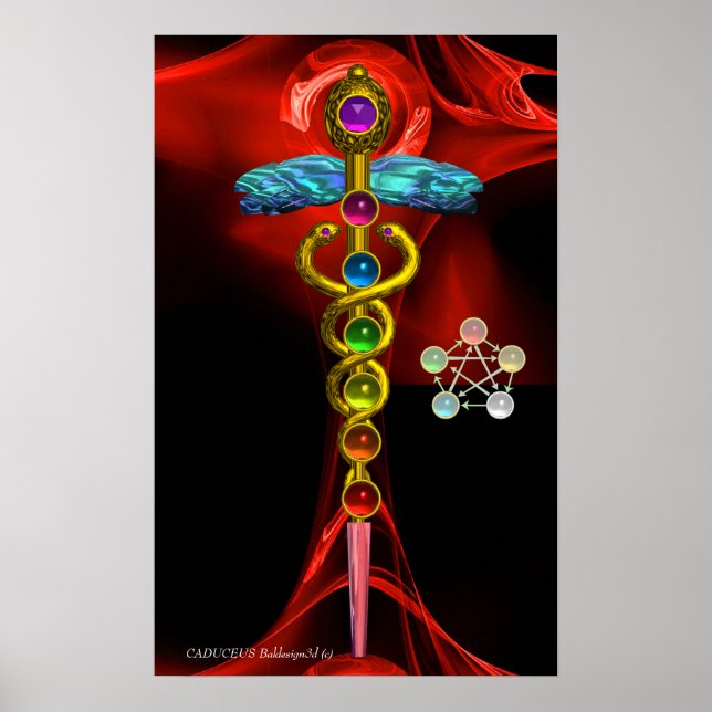 GULD CADUCEUS OCH 7 CHAKROR I RÖD FRAKTAL ROS POSTER (Framsidan)