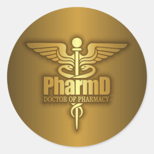 Guld- Caduceus (PharmD) Runt Klistermärke