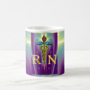 GULD CADUCEUS REGISTRERAD NURSE SYMBOL Lila Grönt Kaffemugg