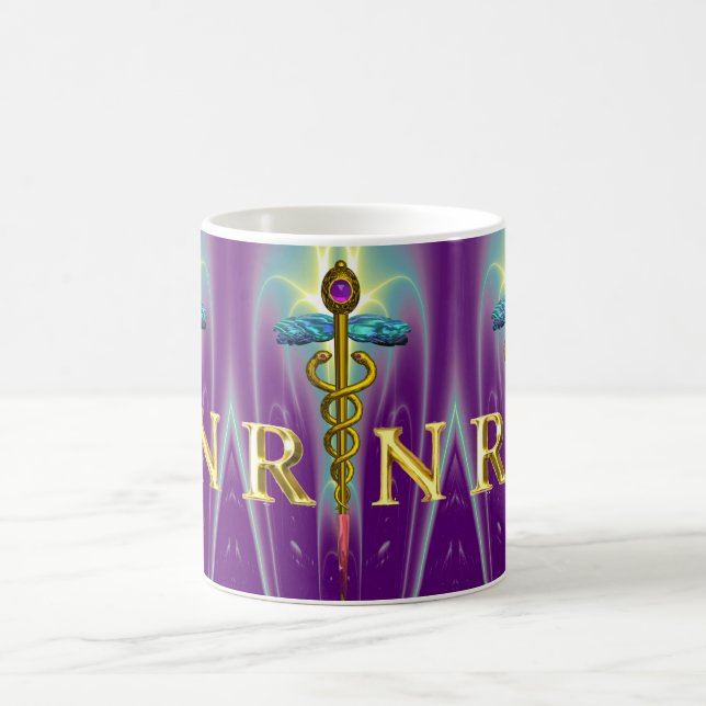 GULD CADUCEUS REGISTRERAD NURSE SYMBOL Lila Grönt Kaffemugg (Center)