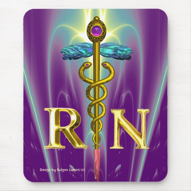 GULD CADUCEUS REGISTRERAD NURSE SYMBOL Lila Grönt Musmatta (Framsidan)