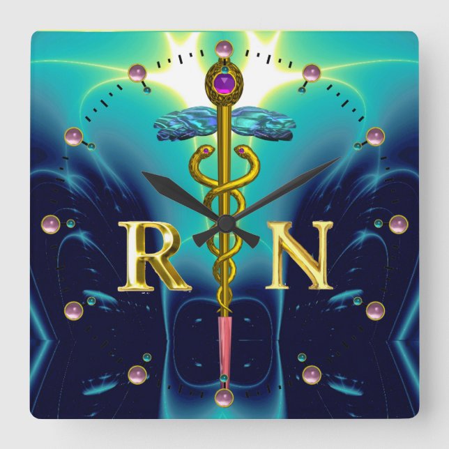 GULD CADUCEUS REGISTRERAD NURSE SYMBOL,Teal Blue Fyrkantig Klocka (Framsida)
