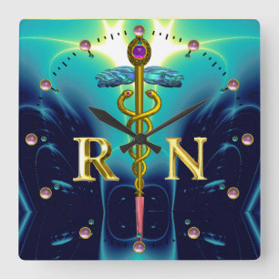 GULD CADUCEUS REGISTRERAD SYMBOL FÖR SJUKSKÖTERSKA FYRKANTIG KLOCKA