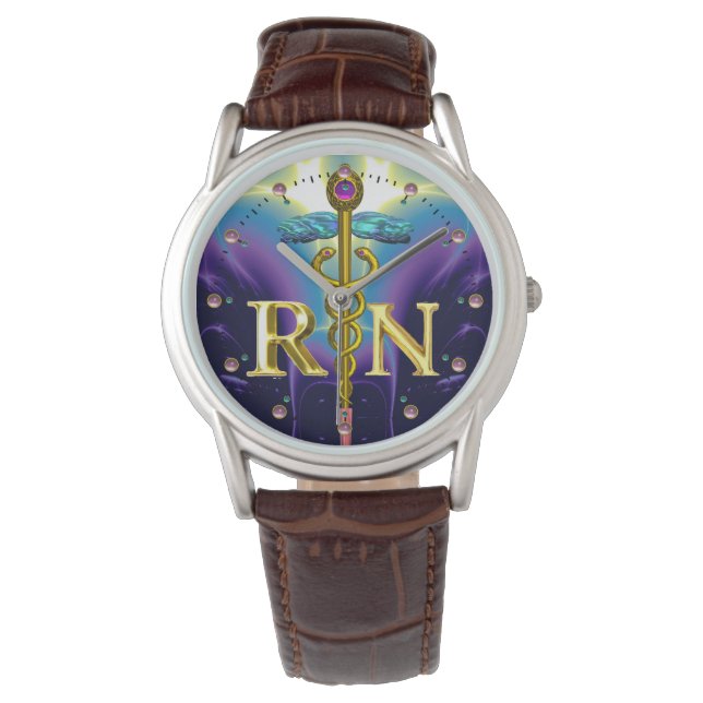 GULD CADUCEUS REGISTRERADE NURSE SYMBOL Lila Blue Armbandsur (Framsida)