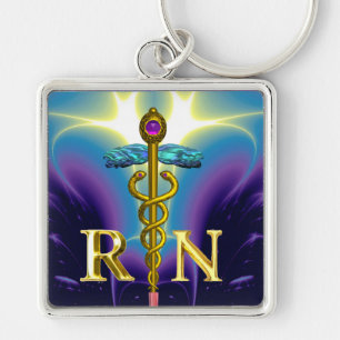 GULD CADUCEUS REGISTRERADE NURSE SYMBOL Lila Blue Fyrkantig Silverfärgad Nyckelring