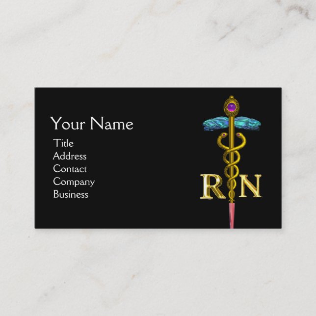 GULD CADUCEUS REGISTRRED NURSE SYMBOL, Black Visitkort (Framsida)