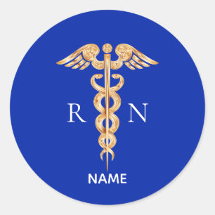 Guld Caduceus Symbol & Registered Nurse Monogram Runt Klistermärke