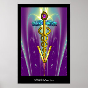 GULD CADUCEUS VETERINÄR SYMBOL Blå Lila Poster
