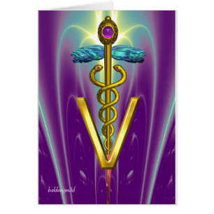 GULD CADUCEUS VETERINÄR SYMBOL Blue Lila Hälsningskort