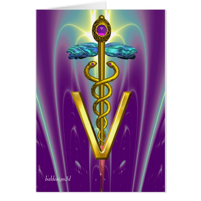 GULD CADUCEUS VETERINÄR SYMBOL Blue Lila Hälsningskort (Framsidan)